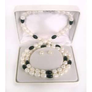   Onyx Necklace, Stretch Bracelet, and Button Pearl Stud Earrings Set in