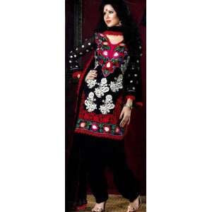 Black Designer Salwar Kameez Suit with Crewel Embroidered Flowers All 