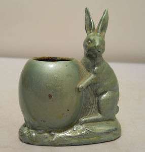   Cast Metal Bunny & Egg Toothpick Holder, Green Wash, Good Condition