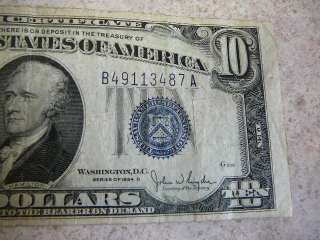 Old 1934 D Blue Seal Silver Certificate 10 Dollar Bill Circulated 