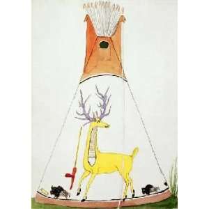 Teepee With Large Yellow Deer and Small Buffalo by Silverhorn . Art 