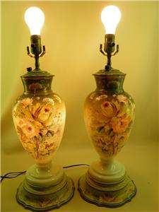   OF LAMPS OPALINE GLASS HAND PAINTED ENAMEL ROSES WOOD PAINTED BASES