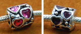   Sterling Silver Bead 4 European Bracelet CHARM PINK / PURPLE HEARTS