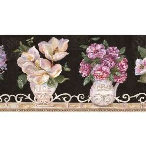 Black Floral Vases Wallpaper Border 
