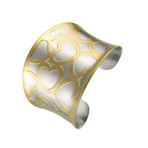   Steel and Gold Plated Heart Designed Wide Cuff Bracelet Jewelry